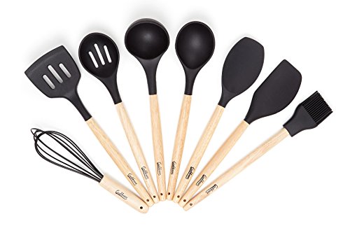 Ultimate 8 Piece Silicone and Wood Kitchen Utensils Set By Cookhouse. Natural Nonslip Wooden Handles and Nonstick Food Grade Silicone Ends, Sturdy Construction & Lightweight Design.(Matte Black)