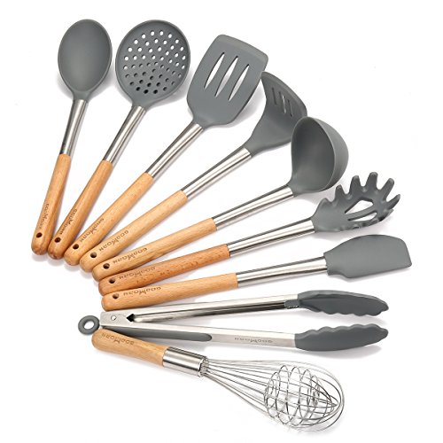 Kitchen Utensil Set Godmorn Nonstick Utensil Set-9 Piece Kitchen Utensil Cooking Tool-Silicone & Stainless Steel & Wooden Handle Kit-For Pots & Pans with Slotted Turner,Soup Ladle,Skimmer,Pasta Server