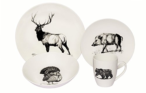 Melange Coupe 32-Piece Porcelain Dinnerware Set (Wild Animals) | Service for 8 | Microwave, Dishwasher & Oven Safe | Dinner Plate, Salad Plate, Soup Bowl & Mug (8 Each)