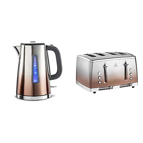 Russell Hobbs 25113 Polished Eclipse Ombre Electric Kettle, Stainless Steel, 3000 W, 1.7 Liters, Copper Sunset with 4 Slice Toaster