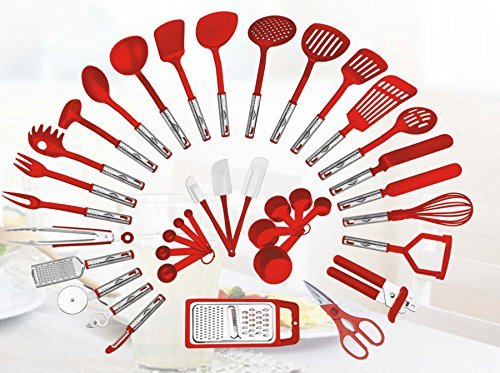 Preferred Housewares International Kitchen Utensils Set Home Cooking Tools Gadgets Turners Tongs Spatulas Pizza Cutter Whisk Bottle Opener, Graters Peeler, Can Opener 38-piece (Red)
