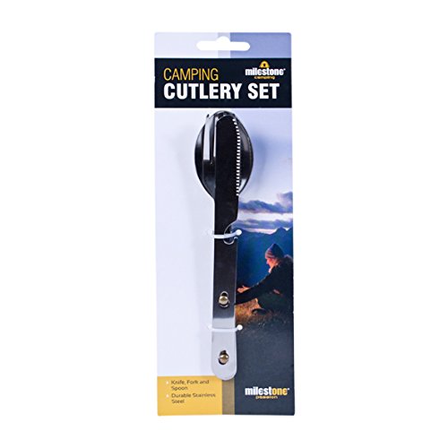 Milestone Camping 4-in-1 Camping Utensil Fork Knife Spoon Bottle Opener Cutlery Set – Silver