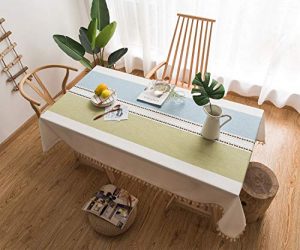 Furnily Rectangle Tablecloth 140×200 Decoration Elegant Cotton Linen Table Cloth With Tassel Edge Dust-proof Washable Kitchen Table Cover for Dining Table(Blue and Green)