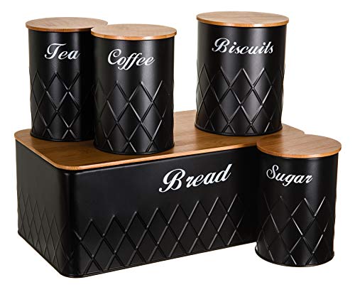 LIVIVO 5pc Kitchen Storage Set with Airtight Bamboo Lids Includes Tea Coffee Sugar with Matchcing Biscuit Barrel Canister Jar & Stylish Rounded Bread Bin – Diamond Embossed Design Matt Finish (Black)