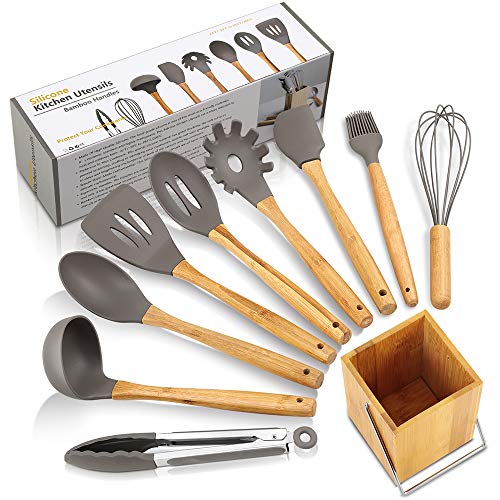 Kitchen Utensil Set 10 Piece Cooking Utensils, ZT_YIMO Non-Stick Silicone and Heat Resistant Bamboo/Wooden Utensils, Cooking Tool Turner Tongs Spatula Spoon for Nonstick Cookware-with Holder