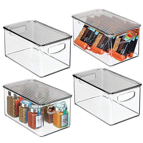 mDesign Plastic Stackable Kitchen Pantry Cabinet, Refrigerator, Freezer Food Storage Bin Box with Handles, Lid – Organizer for Fruit, Yogurt, Snacks, Pasta – 10″ Long, 4 Pack – Clear/Smoke Gray