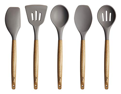 Miusco Non-Stick Silicone Kitchen Cooking Utensil Set with Natural Acacia Hard Wood Handle,5 Piece,Grey