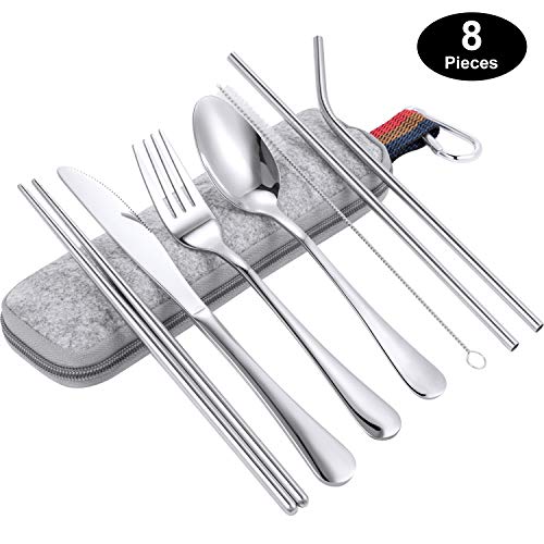 Leinuosen 8 Pieces Portable Utensils, Travel Camping Cutlery Stainless Steel Flatware Set, including Knife, Fork, Spoon, Chopsticks, Cleaning Brush, Straws, Portable Bag (1 Set)