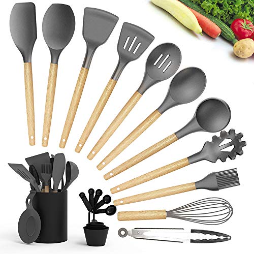 Kitchen Utensil Sets, CIYOYO 14Pcs Silicone Cooking Utensils Set Include Spatula Turner Measure Spoons Heat Resistant Nonstick Kitchen Tools Gadgets with Wooden Handle, Non Scratch