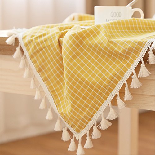 LUCKYHOUSEHOME Yellow and White Checkered Tassel Tablecloth Cotton Linen Rural Square Home Kitchen Dinning Tabletop Table Cover 55 x 55 Inch