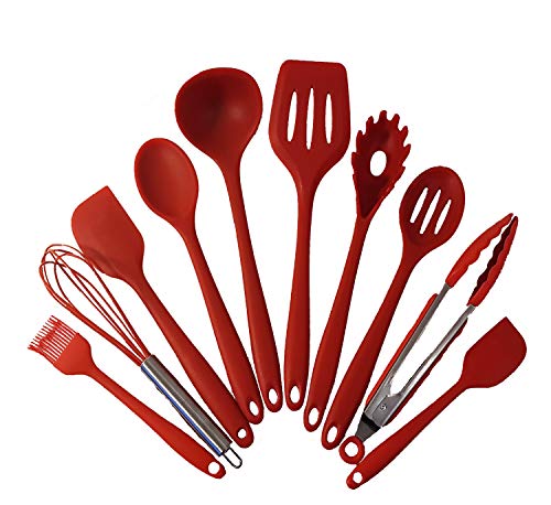 Best 10 Pieces Silicone Kitchen Cooking Utensils Heat Resistant Nonstick Baking Tool Set Include Pasta Spoon,Slotted Spoon,Tongs,Ladle,Turner,Basting Brush,Whisk,Large and Small Spatula (Red)