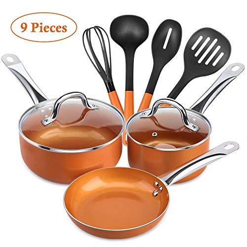 SHINEURI Copper Pots & Pans Set 9 Pieces Cookware Set, 8inch Fry Pan, 1.5qt Saucepan, 2.5qt Sauce Pan & 4 pcs Cooking Utensils – for Induction, Gas, Electric Stovetop (Copper, 9pcs-1)
