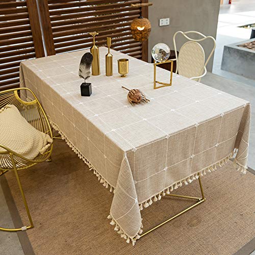 Khaki Linen Oblong Tablecloth, Antibacterial Grid Jacquard ...