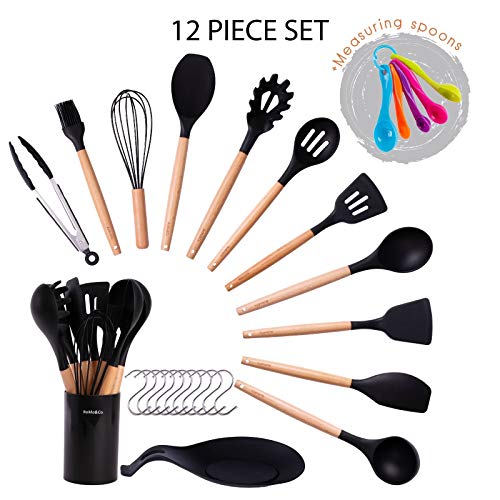 Silicone Kitchen Utensil Set, 11 Cooking Utensils+Measuring Spoon Set+ Placing mat+Utensil Set Holder BoMo&Co. Kitchen Utensils Set (Black)