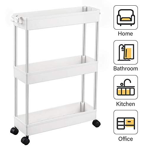 SPACEKEEPER 3 Tier Slim Storage Cart Mobile Shelving Unit Organizer Slide Out Storage Tower Rolling Utility Cart Shelving Tower Rack for Kitchen Bathroom Laundry Room Narrow Places, White